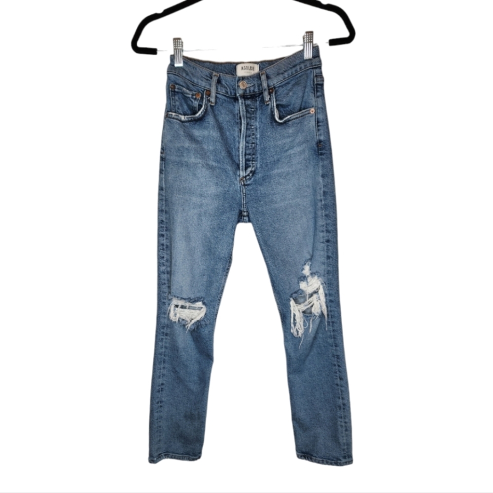 Agolde Riley High Rise Straight Cropped Button Fly Distressed Jeans Size…